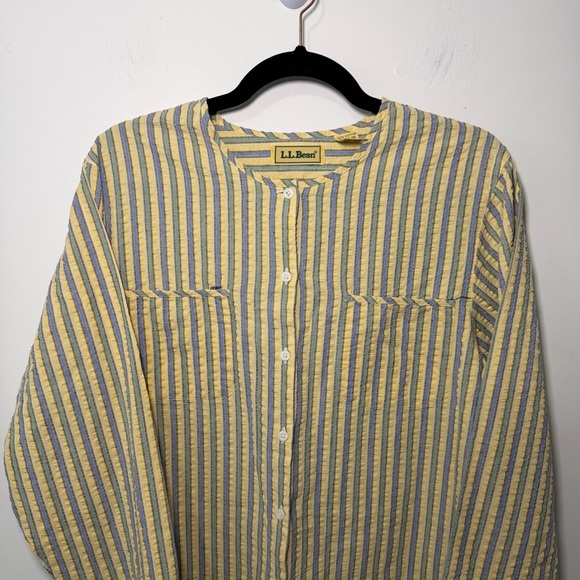 *Sold* L.L. Bean Vintage Yellow Blue Striped Seersucker Front Shirt Women’s S - Picture 2 of 8